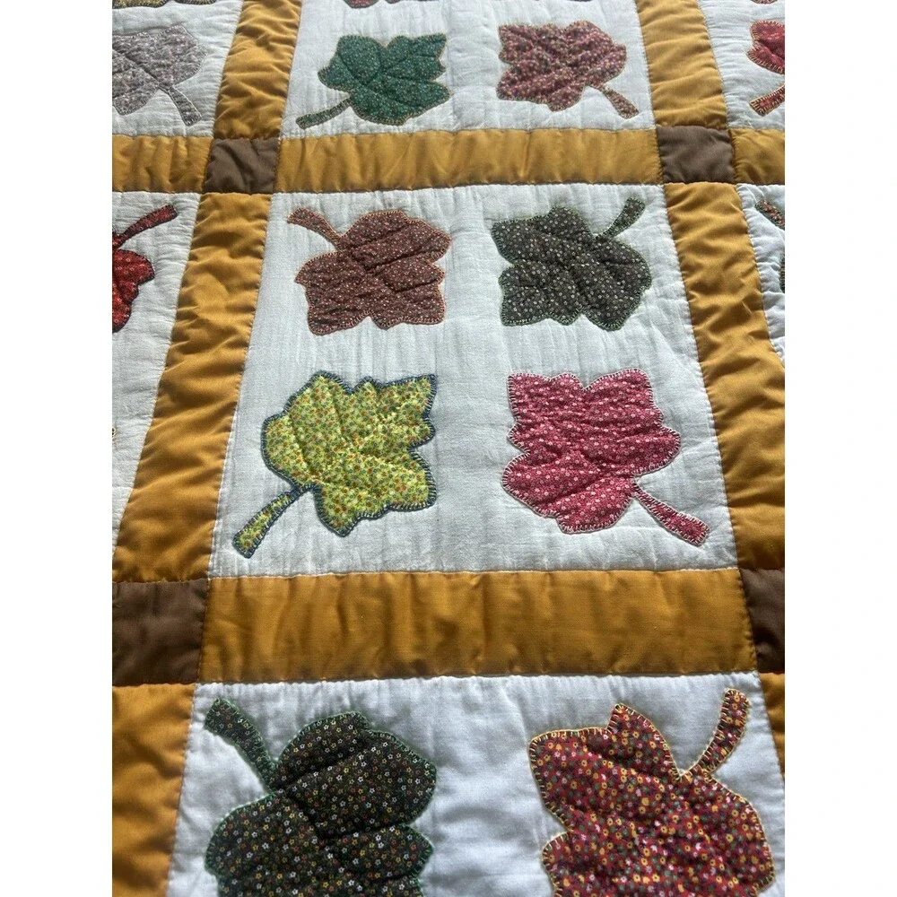 Handmade Fall Autumn Leaf Patchwork Quilt 73x92 Vtg Twin -Queen Throw Rustic